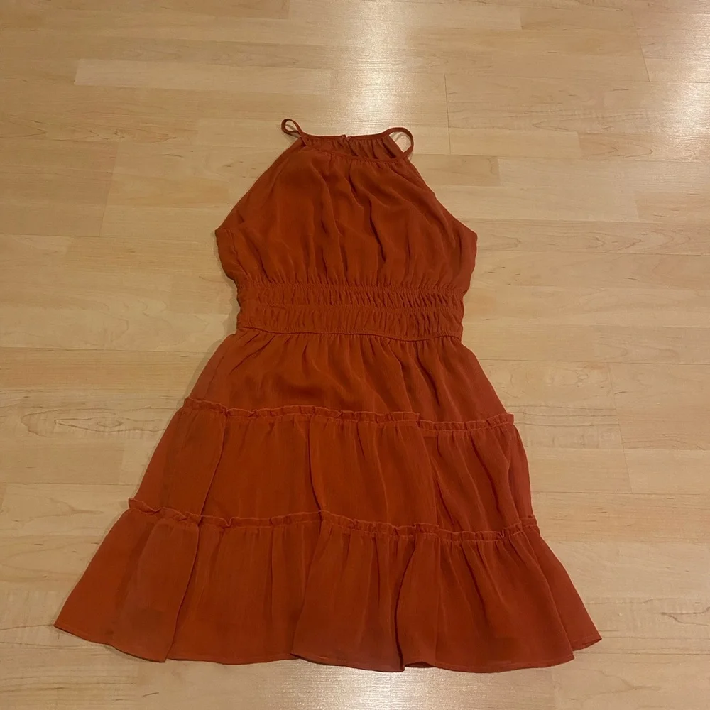 Rust Orange Halter Tiered Mini Country Western Boho Festival Dress Size Medium - Picture 3 of 6